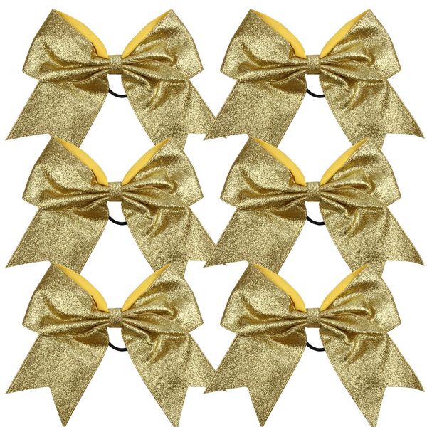 Cheerleader Bows Cheerleading 8 inch Sparkle Glitter Ponytail Holder Hair Tie School for High School College Girl Team Sports 6 Pcs … (Gold)