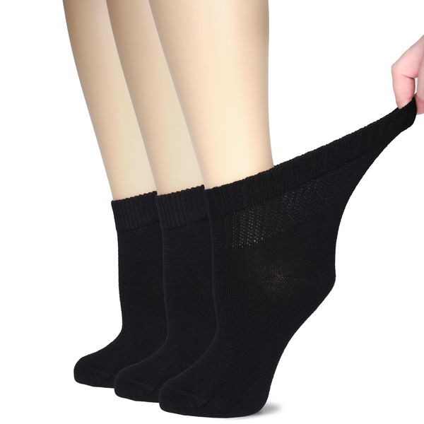 Hugh Ugoli Women's Bamboo Ankle Loose Fit Diabetic Socks, Soft, Seamless Toe, Wide Stretchy, Non-Binding Top, 3 Pairs, Black, Shoe Size: 6-9