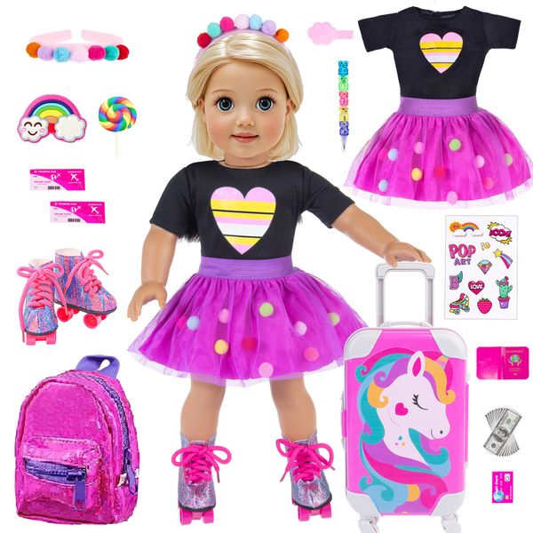 ebuddy 18 Inch Doll Clothes and Accessories Doll Travel Set with Suitcase Roller Skates School Supplies Playset Purple Unicorn Set Including Dress,Suitcase, Roller Skates,Hairpin,Hair Ring(No Doll)