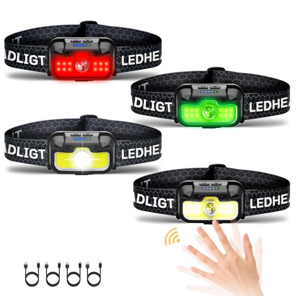 HOKOILN Headlamp Rechargeable, 4 Pack 1300 Lumen Ultra-Light Bright Head Lamp with White Red Green, 14 Modes Adjustable Waterproof Motion Sensor Headlight for Outdoor Camping Running Cycling Hiking