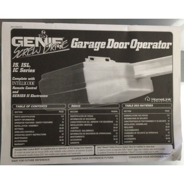 Genie Screw Drive Garage Door Opener Operator User manual IS ISL IMS Series