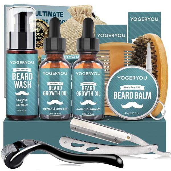 Beard Growth Kit,Beard Kit W/Straight Razor,2 PACK Beard Growth Oil,Beard Wash,Balm,Brush,Comb,Scissors Mens Birthday Christmas Gifts for Men Boyfriend Husband Beard Grooming Shaving Kit