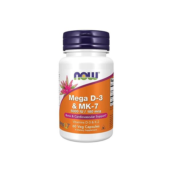 NOW Supplements Mega D-3 and MK-7 Vitamins D-3 and K-2 5 000 IU/180 mcg Bone and Cardiovascular Support* 60 Veg Capsules