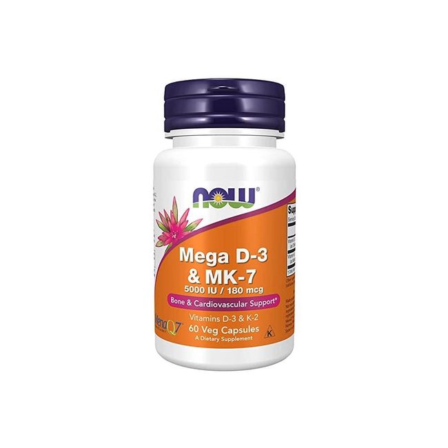 NOW Supplements Mega D-3 and MK-7 Vitamins D-3 and K-2 5 000 IU/180 mcg Bone and Cardiovascular Support* 60 Veg Capsules