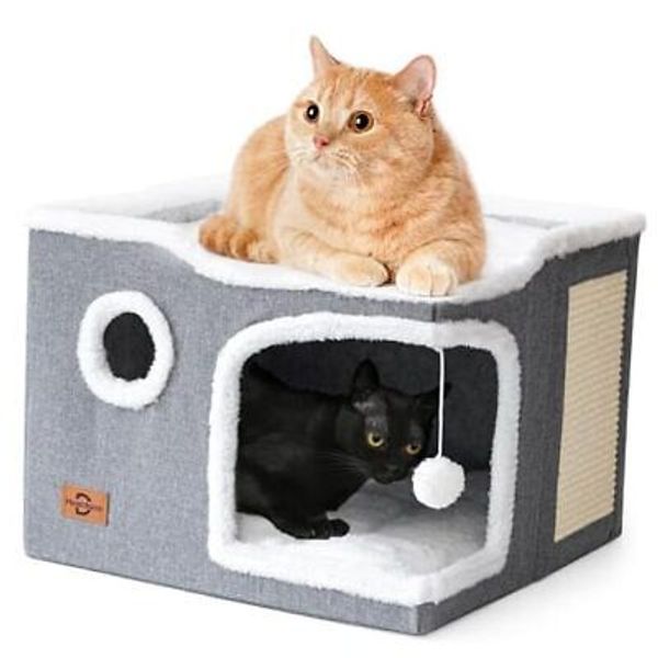 Cat Bed for Indoor Cats,Covered Cat Cave House & Furniture with Gray 2-level