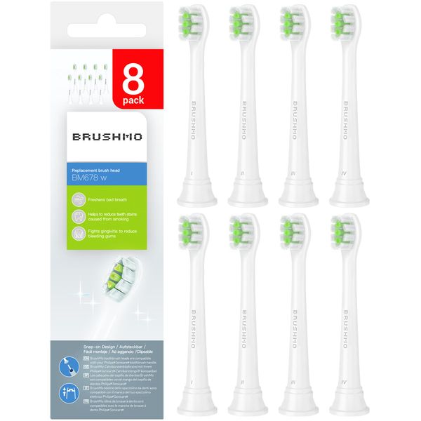 Brushmo Replacement Toothbrush Heads Compatible with Philips Sonicare DiamondClean HX6072 Compact, White, with Hygienic Caps, Fits Philips Sonicare Electric Toothbrush, 8 Pack