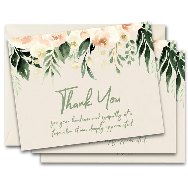 MPC Brands Blank Funeral Thank You Cards - Sympathy Bereavement Thank You Cards With Envelopes - Message Inside (50, Sage Floral)