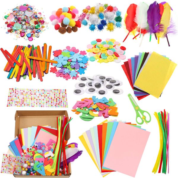 olyee 1000+ Pcs Craft Kits for Kids, Arts and Crafts Supplies Box Kit Toddler Craft Set for Kids 6-12 with Pipe Cleaners, Glitter Pom Poms,Feather,Buttons,Sequins-DIY Gift for Girls Adult Boy