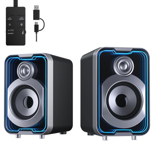 SOULION 2.0 Computer Speakers, 10W USB-Powered Bluetooth Wired PC Speakers with Easy-Control Pod for Desktop, Tiny Desk Soundbar with 5 Mirror-Like LED Light Modes for Monitor Laptop - Black