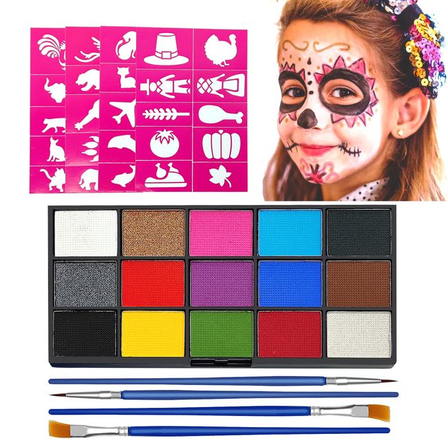 Clundoo Kinderschminke Set, 15 Farben Schminkfarben Schminkpalette, Waschbar Face Paint Bodypaint Schminkset, Körperfarbe Kinder mit 4 Pinsel und 40 Tattoos für Halloween Karneval Make-up Fasching