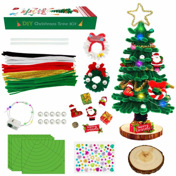 CraftiStar Kids Christmas Art & Craft Kit, Make Your Own Light Christmas Tree, DIY Christmas Tree Craft, Pipe Cleaner DIY Kit, Mini Christmas Tree with Lights, Craft Papers, Christmas Tree Ornaments