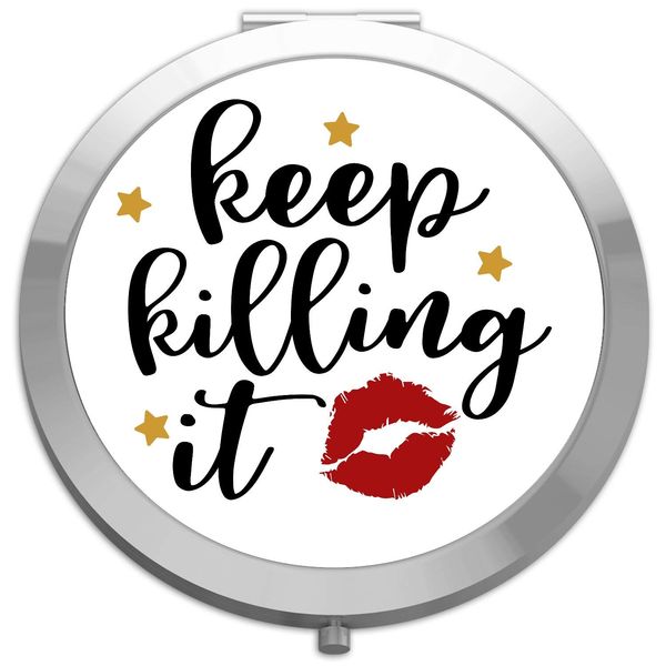 Keep killing it statement (red lipstick, gold stars design) [GRLPWR] compact pocket mirror - silver round circle shape
