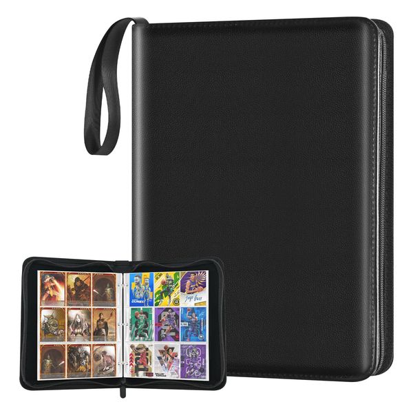 Xrunmix Trading Card Binder, 900 Pockets Card Sleeves with Zipper Card Display, Double Sided Pocket Sports Card Holder, Carry Case for Sports/Game Card(Black) (900 Pockets)