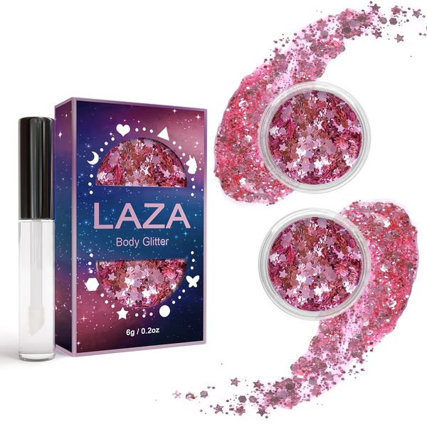 Laza Body Glitter, 2 Jars Holographic Chunky Sequins with Glitter Glue for Women Girls Eyeshadow Makeup Face Paint Festival Rave Outfits Hair Concert Accessories Carnival Party Costumes - Pink