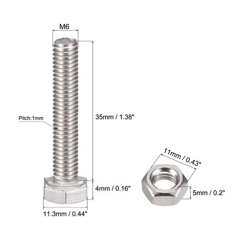 uxcell Hex Bolt Nut Hex Head Screw Flat & Lock Washer Kit 304 Stainless Steel Full Hex Bolt Thread M6 x 35mm Set of 10