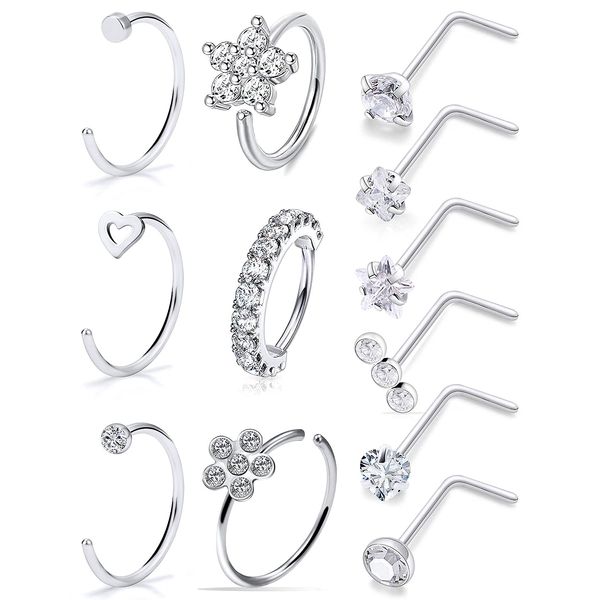 Ftovosyo 20G Surgical Steel Nose Rings Hoop for Women Men, Paved CZ Flower Piercing Jewelry L Shaped Nose Ring Stud Set