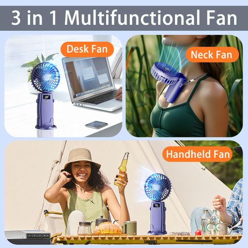 ZEOEZHBI Portable Handheld Fan, Rechargeable Mini Personal Small Pocket Fan with Base, Battery Operated Makeup Fans for Women with 5 Speeds & LED Display Handheld/Neck/Desk Fan for Outdoor, Blue
