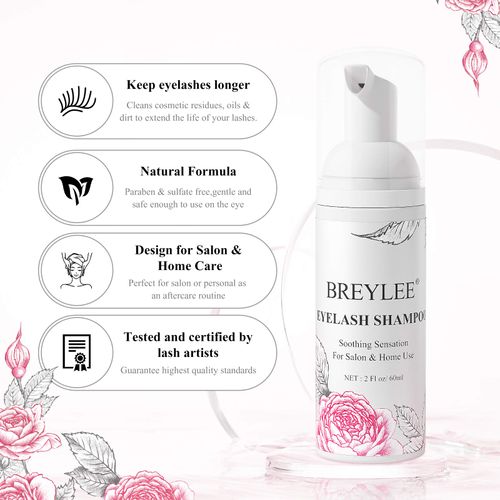 BREYLEE Shampoo for Lash Extensions, 60ml+Rinse Bottle+Brushes, Eyelash Extension Cleanser, Lash Wash Bath, Lash Cleaner for Makeup Remover, Paraben & Sulfate Free for Salon and Home Use