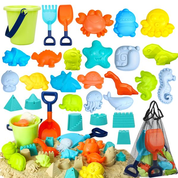 TOY Life 30 Pcs Beach Sand Box Toys for Kids Toddlers 3 6 8 12, Sand Castle Kit Toys for Beach, Sandbox Toys, Sand Castle Molds, Travel Beach Toy Set, Sand Bucket and 2 Shovel for Kids with Mesh Bag