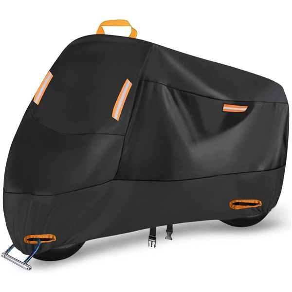 300D Heavy Duty Motorcycle Cover, Seceles All Season Durable Waterproof Outdoor Protection Scooter Cover 4 Reflective Tape Storage Bag Fits up to 81" Yamaha Honda Harley Suzuki (XL: 86" * 37" * 50")