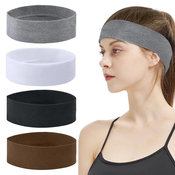 4 Stück Yoga Haarbänder, Sport Stirnbänder, Stirnbänder Damen, Elastische Haarbänder, rutschfest Haarband Damen Sport, Sport Haarband für Yoga, Sport Laufen Exercise (Schwarz, Weiß, Grau, Braun)