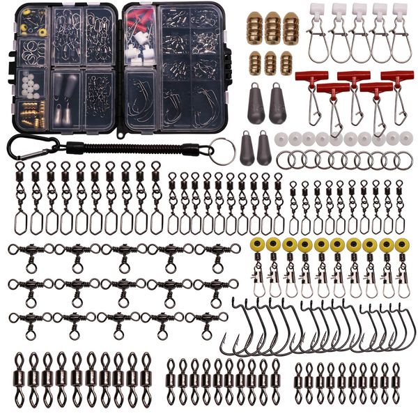 SUPERTHEO Fishing Accessories Kit with Hooks Bass Casting Sinkers Fishing Swivels Snaps Sinker Slides Fishing Line Beads Fishing Set with Tackle Box Lanyard