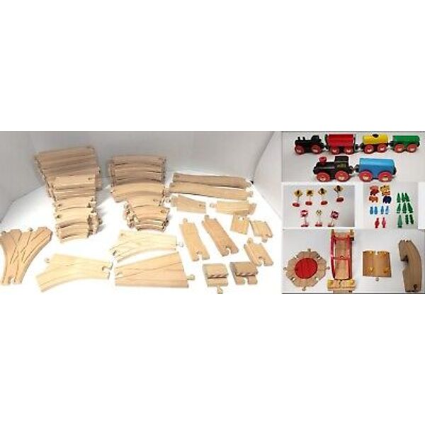 Wooden Train Track Set, 2 Toy Trains, people, signs, +, & w/ wooden storage box