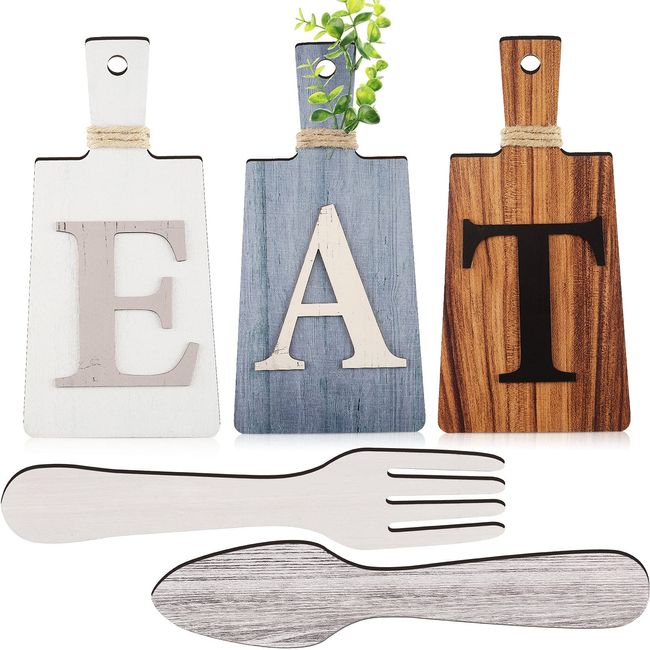 Cutting Board Eat Sign Set Hanging Art Kitchen Eat Sign Fork and Spoon Wall Decor Rustic Primitive Country Farmhouse Kitchen Decor for Kitchen and Home Decoration (Gray, White, Brown)