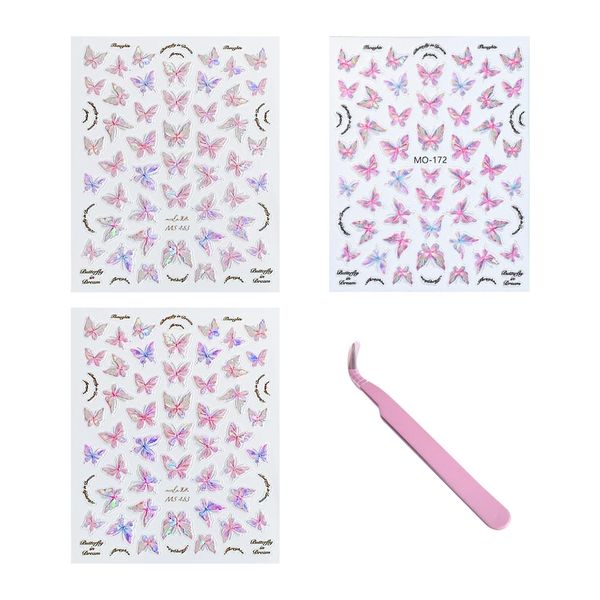 3 Butterfly Stickers, 1 Piece Of Tweezers, Embossed Butterfly Stickers, Shell Light Stickers, Colorful Butterfly Nail Stickers, Nail Art Stickers, Diy Nail Art Stickers