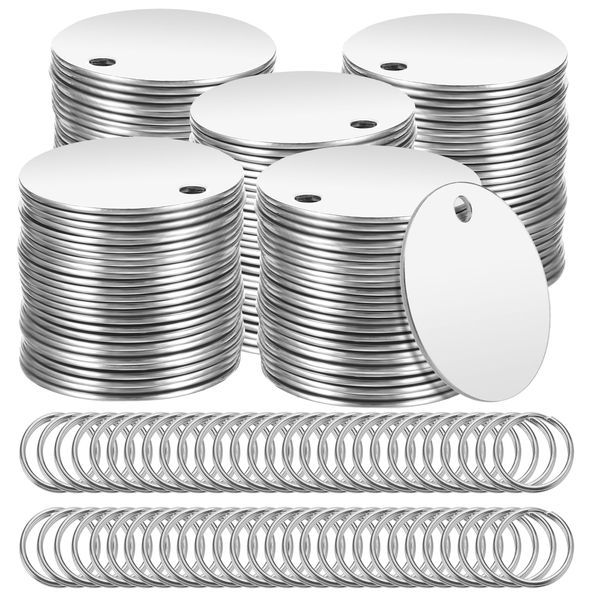OGANAZI 120 Pieces Metal Stamping Blank Tags - 1.2 Inch Round Stainless Steel Stamping Blanks with Hole, Engravable Blanks with Key Rings for Jewelry Making, Personalized DIY Craft, Pet Dog ID Tags
