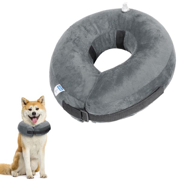 Nobleza Inflatable Dog Collar Dog Recovery Collar Inflatable Pet Protection Cover Pet Neck Cone After Surgery Adjustable Recovery Cone, L, Grey