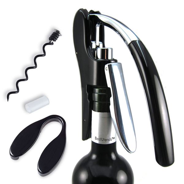 Best Utensils Professional Zinc Alloy Power Wine Opener Octopus Premium Rabbit Lever Corkscrew with Bonus Foil Cutter Waiter Bottle Openers Kit, Black