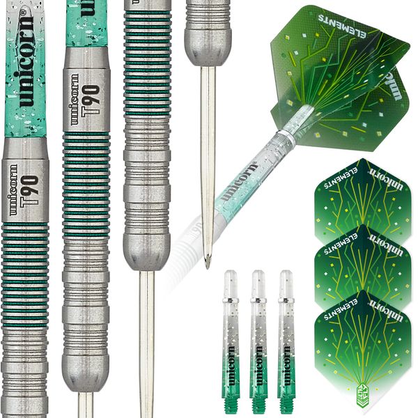 Unicorn Steel Tip Darts Set | Core XL T90 Series Style 1 | 90% Tungsten Barrels with Green Accents | 25 g