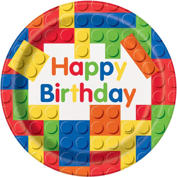 Unique 58235EU - Eco-Friendly Paper Plates - 23 cm - Building Blocks Birthday Party - 8 Count (Pack of 1)