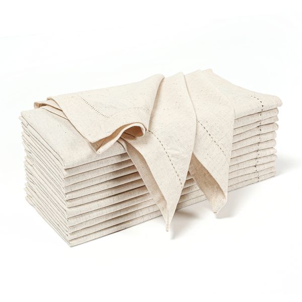 12-Pack Hemstitched Dinner Napkins Oversized 20x20 - Flax-Cotton Fabric Tailored with Mitered Corner - Ideal for Events and Regular Use - Natural