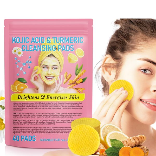 MIVORA Kojic Acid Cleansing Pad, 40 Pieces Turmeric Kojic Acid Cleansing Pads, Kojic Säure Reinigungspads, Compressed Turmeric Kojic Acid Pads for Face Cleansing and Exfoliating