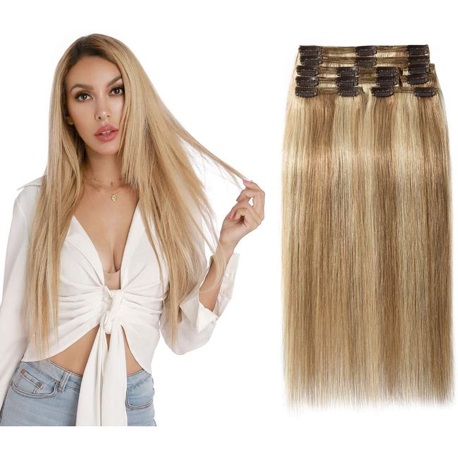 Elailite 8 Teile Set Clip in Extensions Echthaar, 25CM Haarverlängerung Natürliches Haar Glatt, 110g Remy Echthaar Extension #12P613 Hellbraun/Hell-Lichtblond