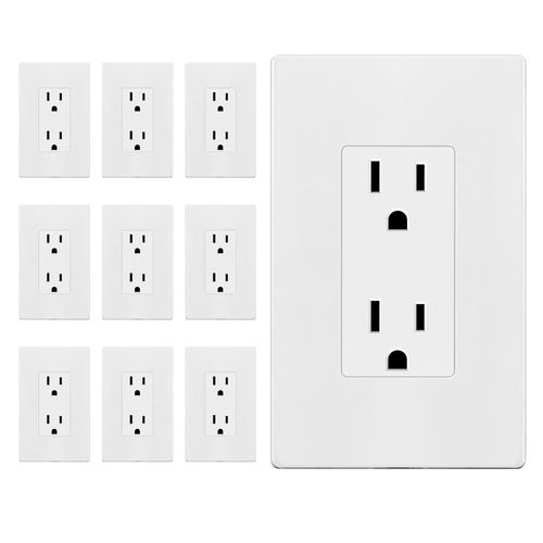 ENERLITES White Decorator Receptacle with Screwless Wall Plate, Standard Electrical Wall Outlet, 15A 125V, Self-Grounding, 2-Pole, 3-Wire, 5-15R, UL Listed, 61502-WSID, 10 Pack, Non Tamper Resistant