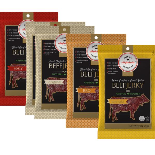 Aufschnitt Grass Fed Beef Jerky - Low Sodium, Certified Kosher - Halal and Keto Friendly - 5 Pack, Variety Pack