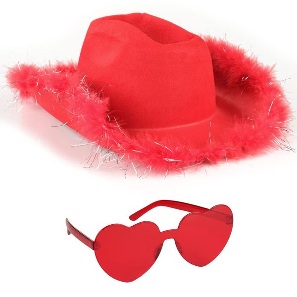 Funcredible Red Cowboy Hat and Glasses - Fluffy Cowgirl Hat - Feather Cowboy Hats for Women - Cowgirl Costume Accessories