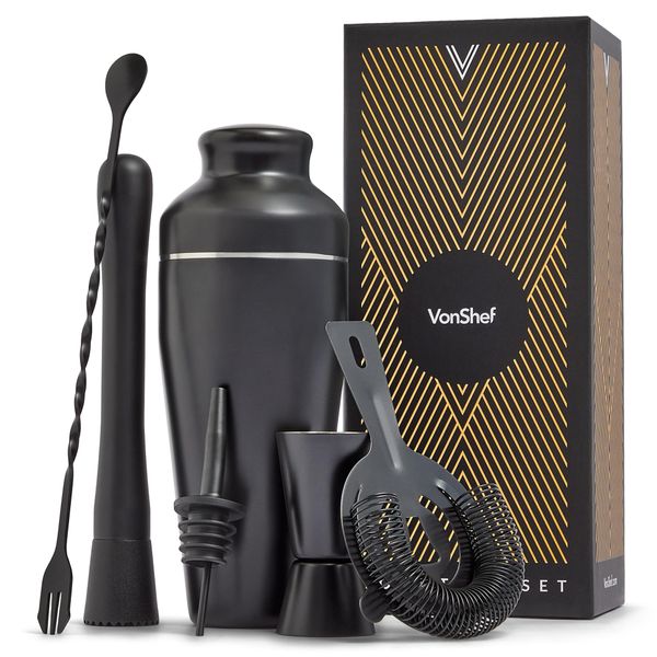 VonShef Cocktail Shaker Set, Black 8pc Set with 600ml Parisian Cocktail Shaker, Professional Bartender Set for Home Bar, Including Strainer, Muddler, Jigger & Other Bar Accessories, Gift Box Included