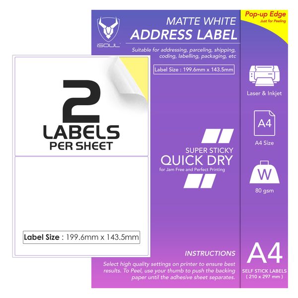 2 Labels Per A4 Sheet, 50 Sheets 100 Sticky Label, Printable Sticker Paper, iSOUL Matte Self Adhesive Address Mailing, Shipping, Postage, Laser & Inkjet Printer Compatible [QuickDry]