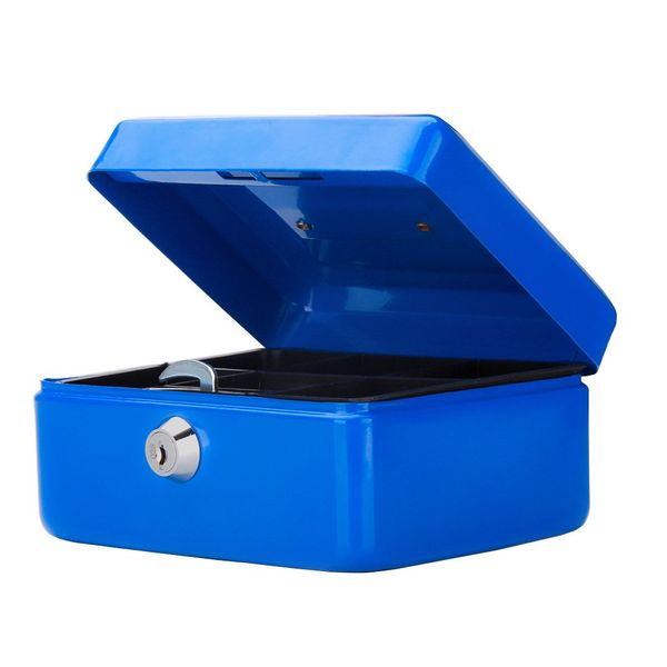 Small Cash Box with Key Lock, Parrency Portable Metal Money Box with Double Layer & 2 Keys for Security, 6 1/5" x 5" x 3", Blue