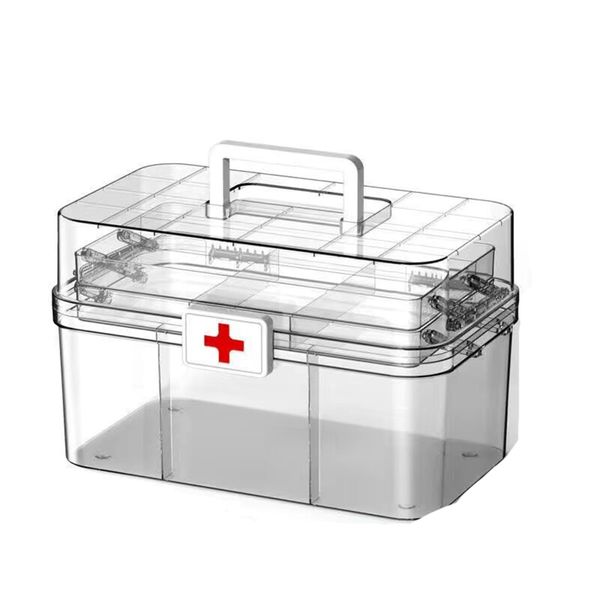 Medicine Box, First Aid Kit, Transparent, With Handle, 2-Layer Storage Box, First Aid Box, Pill Box, Medicine Case, Scrape Case, Pill Box, Medicine, First Aid, Small Items, Multi-functional Storage, Moisture-Proof, Durable, Elderly, Patients, Children