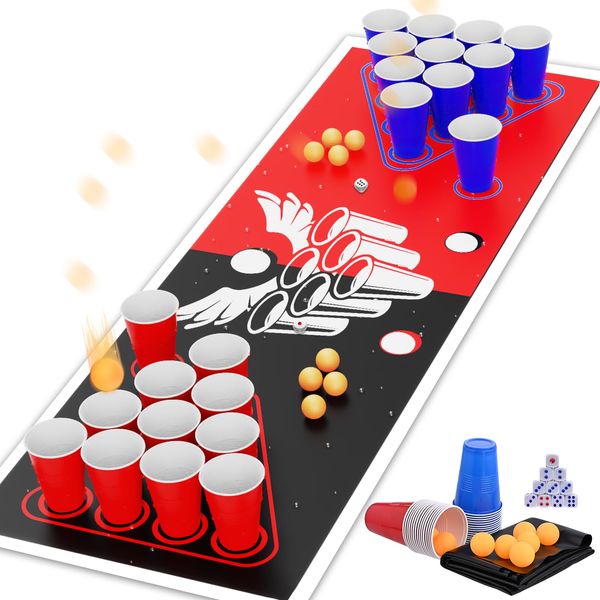 GOLDGE New Beer Pong Table Mat, Drinking Games for Adults Party, 8pcs Beer Pong Balls, 30pcs Beer Pong Cups