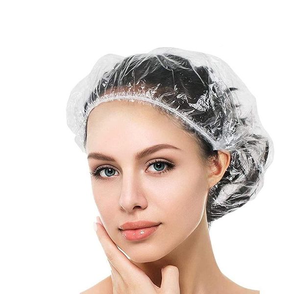 50PS Disposable Shower Cap Plastic Transparent Hair Dyeing Aid Portable Travel Size 20.5inch/52cm For Hotel & Salon Home Use