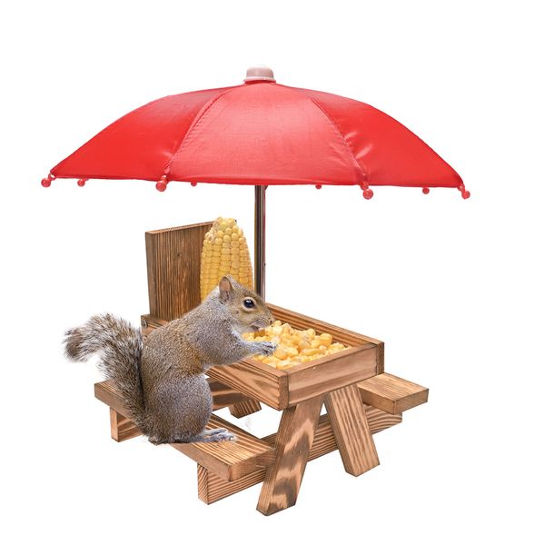 Yorkmills Squirrel Feeder Picnic Table with Umbrella and Corn Cob Holder, New Premium Gift for Squirrel and Chipmunk Lovers, Outdoor Garden Ornaments for Chipmunk Wildlife Bird Animal Bench Feeder