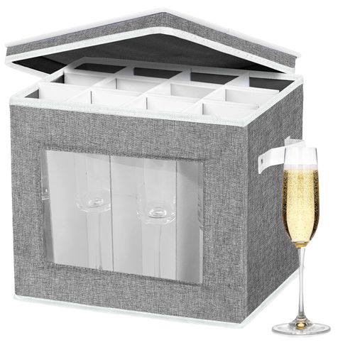 Champagne Flute Storage Box with Dividers, Champagne Glass Storage Container, Hard Shell Stemware Storage Case Organizer Service for 12 Crystal Champagne Flutes Storage and Organization (Grey)
