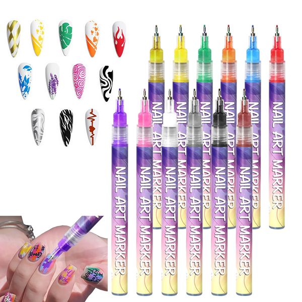 Nail Art Pens 12 Colors, Nail Polish Pens Nail Drawing Pen Nail Varnish Pens| Waterproof Nail Art Graffiti Pens | 0.5mm Quick-drying Nail Art Painting Marker Pen for DIY Nail Art