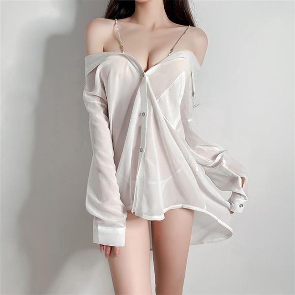 SHLYMP Maid Clothes, Maid Him Shirt, Sexy, Cosplay, Erotic, Extreme Etch, Elastic, Long Sleeve, Open Front, Temptation, Cover Your Body, Skilled, Simple, Shirt, Blouse, Chiffon, Babydoll, Pajamas, Y Shirt, Sheer See-through, Dress, Cute, Daring, Room Wear